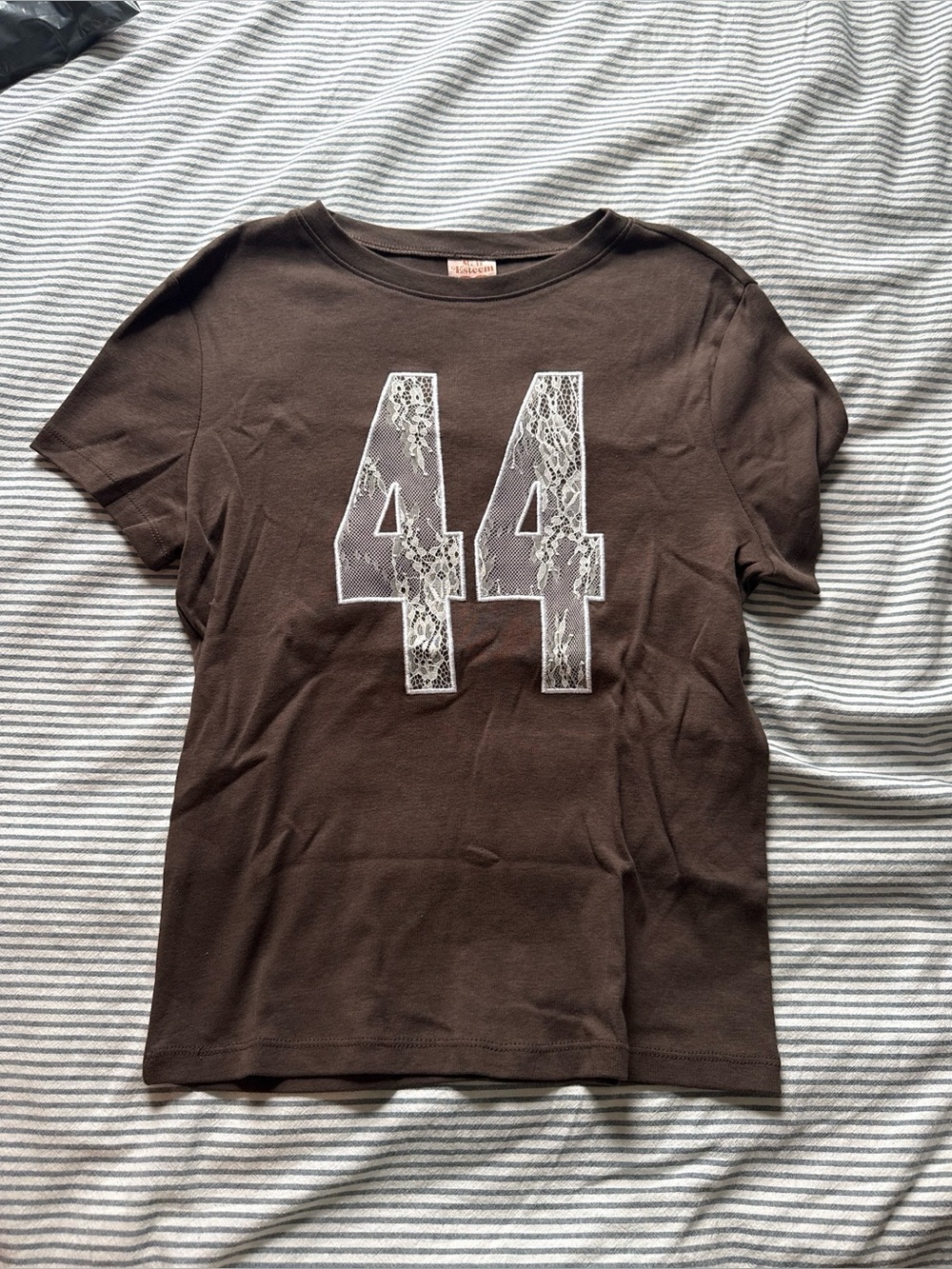 Self Esteem Women's Brown Short-Sleeve Tee with Lace '44' Graphic